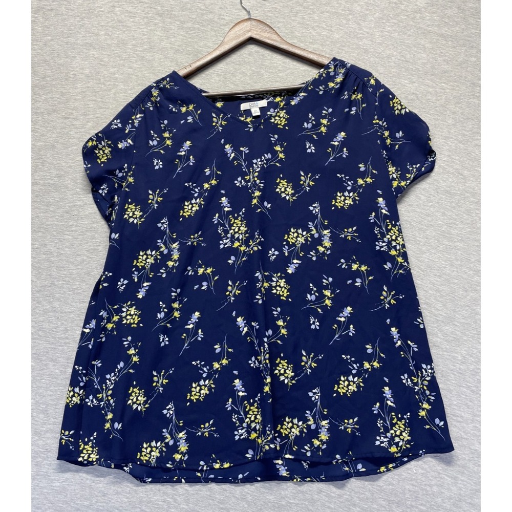 Croft & Barrow Blouse Top Womens 2XL Navy Blue Floral V Neck Casual Outdoor